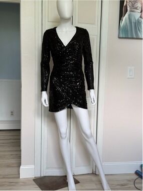 Size 10 Amelia Couture Black Sequin Mini Dress Homecoming Hoco Long Sleeves